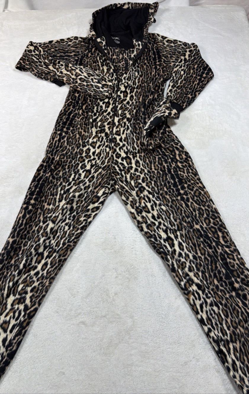 Nick Nora Leopard Fleece One Pajamas Hooded Cat Ears Y2K Retro PJ’s Sz Small